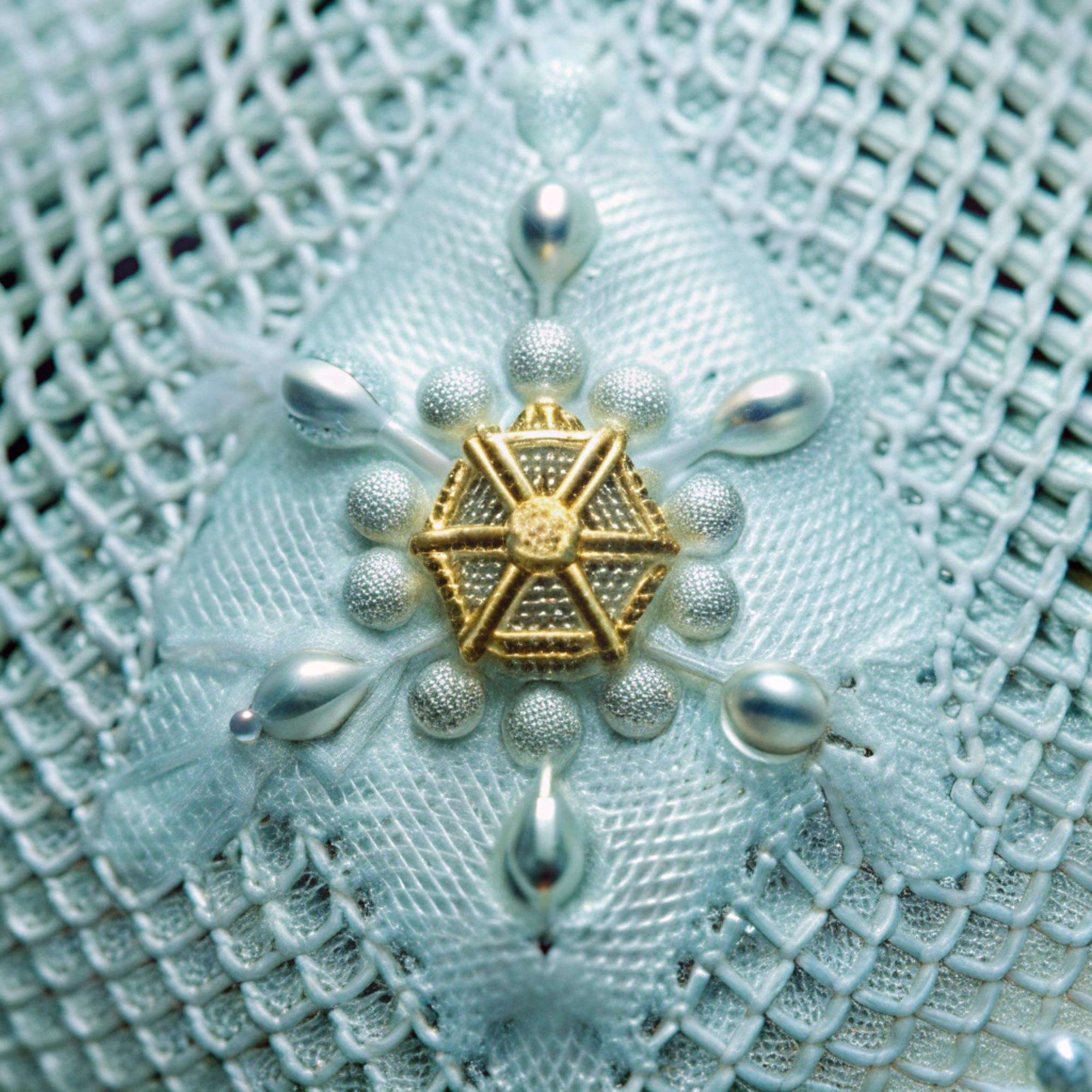 Close-up of teal and silver embroidered pattern on white fabric